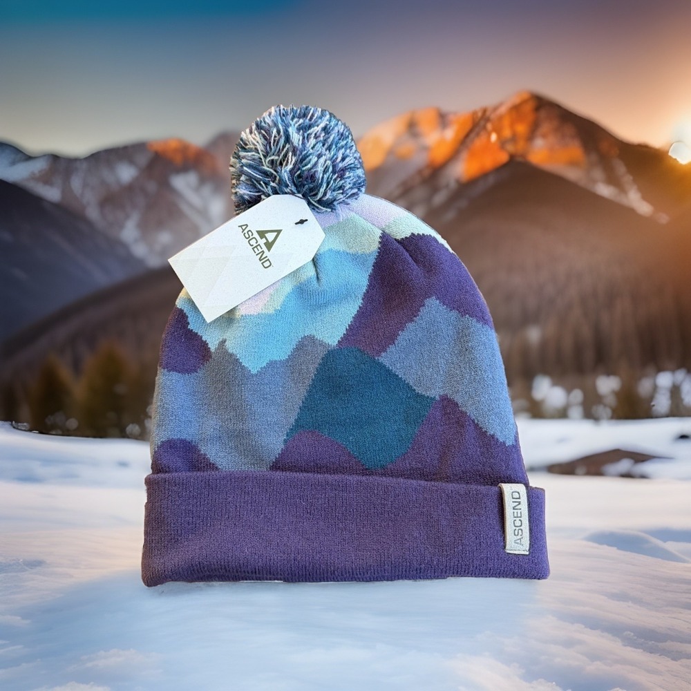 NWT Ascend Beanie Purple Abstract Mountain Knit Hat Pom $23 New